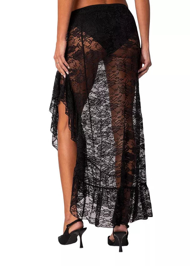 EDIKTED Asymmetric Ruffle Sheer Lace Maxi Skirt