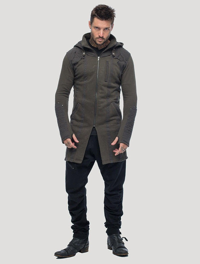 OKESA Hood Long Coat In Olive