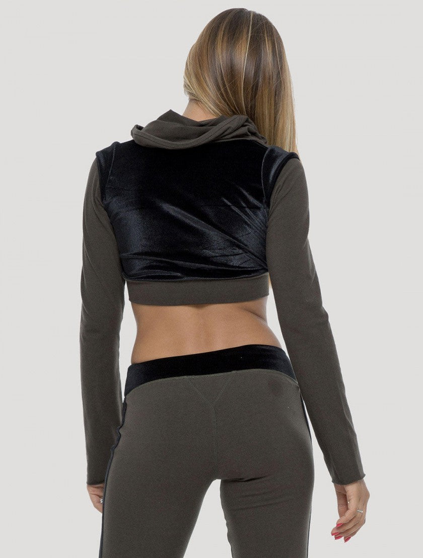 NALA Long Sleeves Crop Top In Olive-Black Velevt