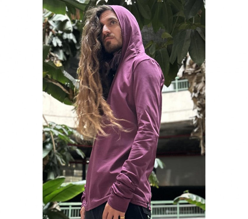 KUSARY Long Sleeve Hooded Shirt In Burgandy