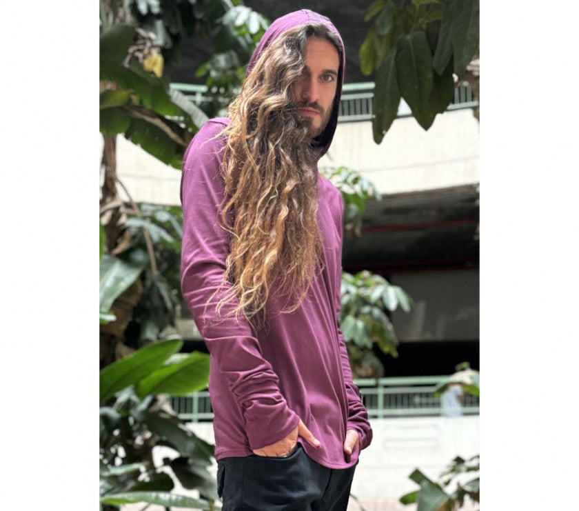 KUSARY Long Sleeve Hooded Shirt In Burgandy