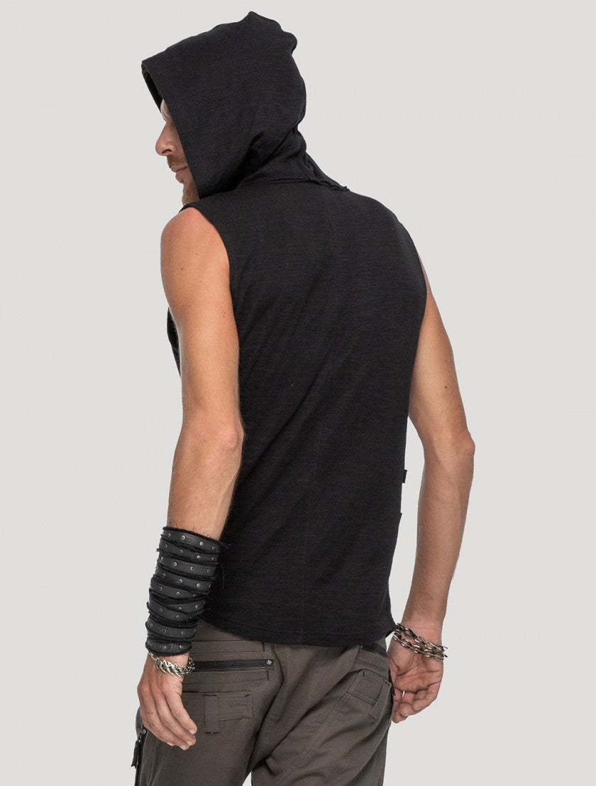 Slashed Sleeveless Hooded Tee In Black
