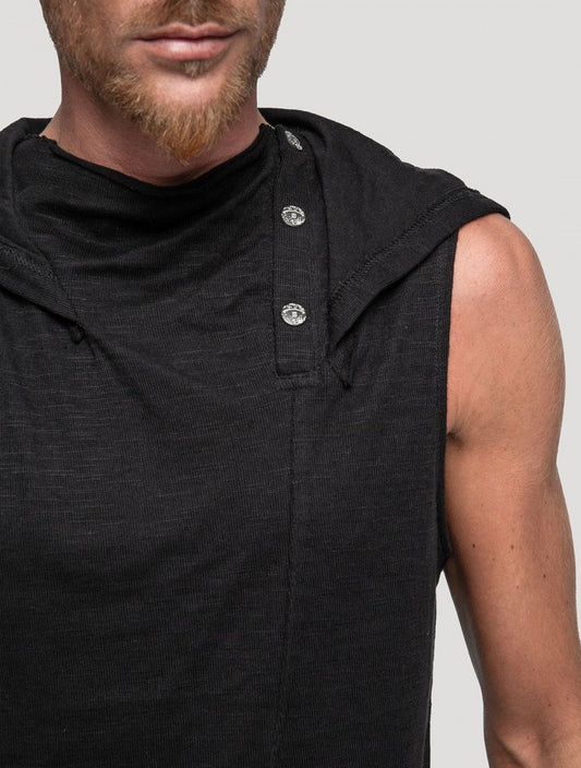 Slashed Sleeveless Hooded Tee In Black
