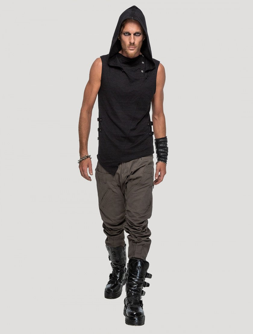 Slashed Sleeveless Hooded Tee In Black
