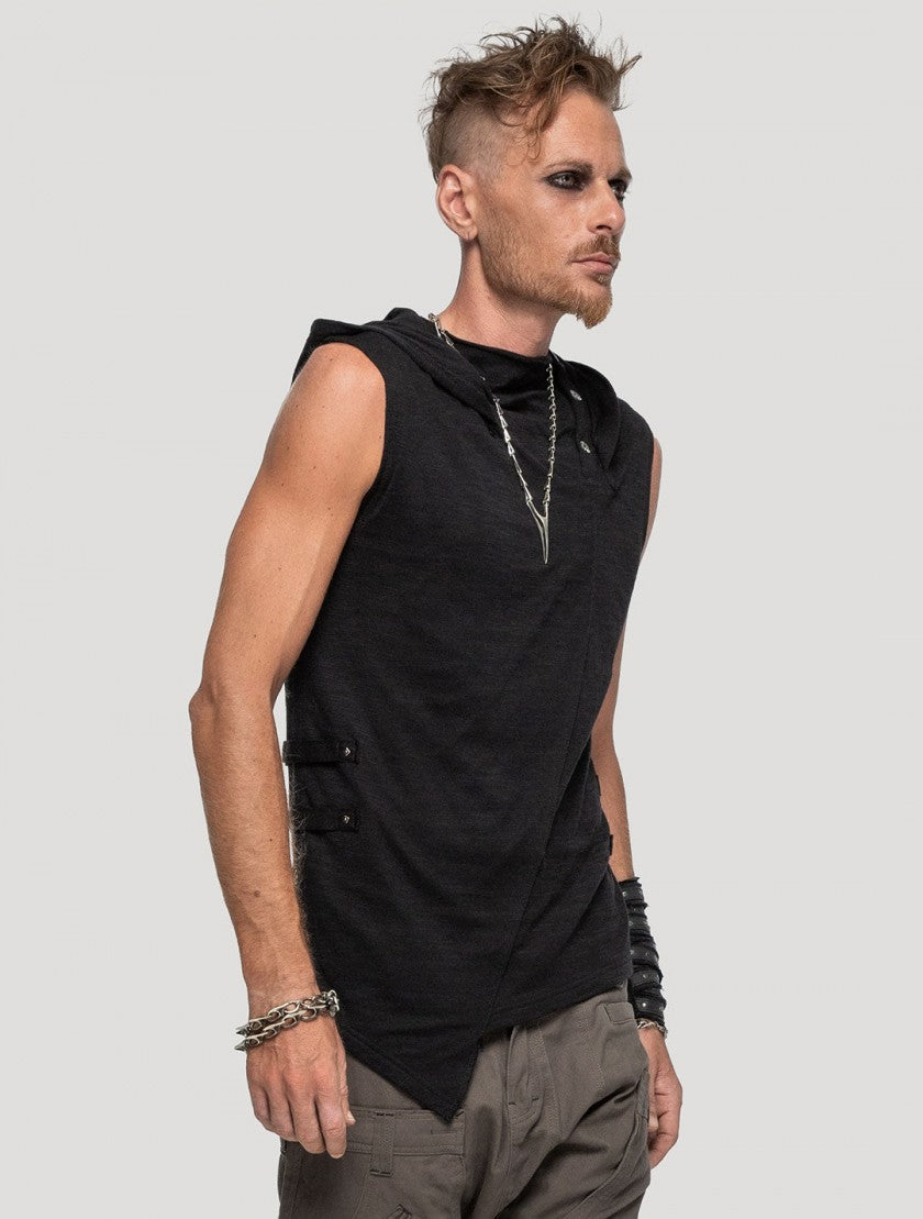 Slashed Sleeveless Hooded Tee In Black