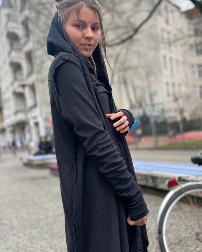 CRIME WO Long Sleeve Hooded Duster Cardigan In Black