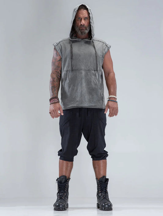 RHINO Sleeveless Baggy Hoodie Sweatshirt In Washed Olive