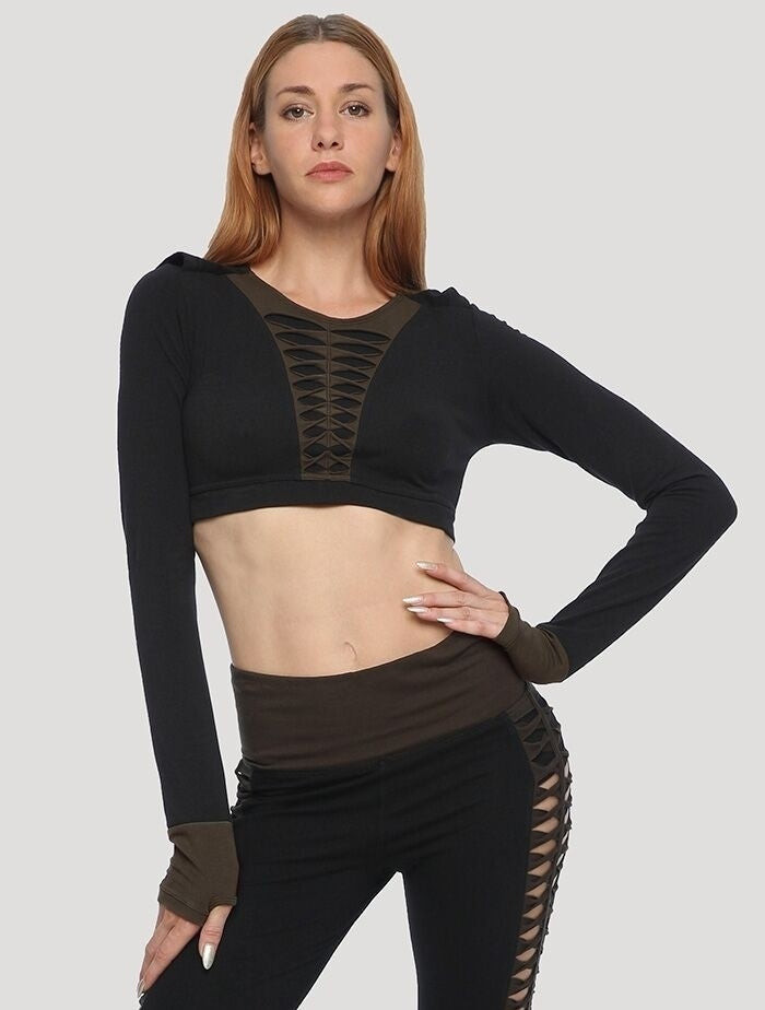 RAFFIA Hoodie Crop Top In Olive-Noir