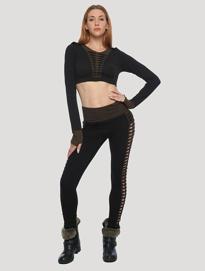 RAFFIA Hoodie Crop Top In Olive-Noir