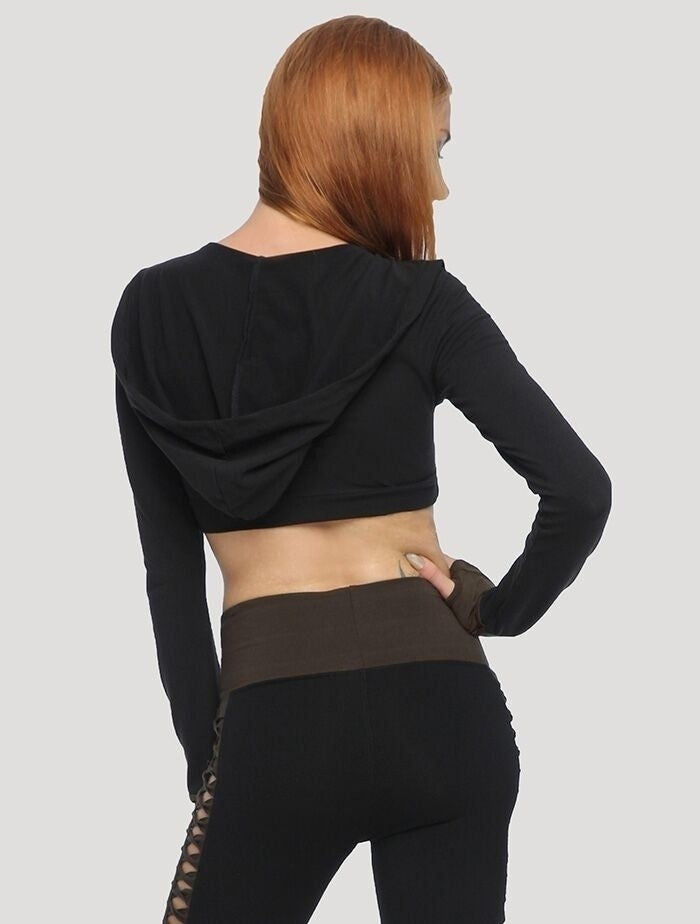 RAFFIA Hoodie Crop Top In Olive-Noir