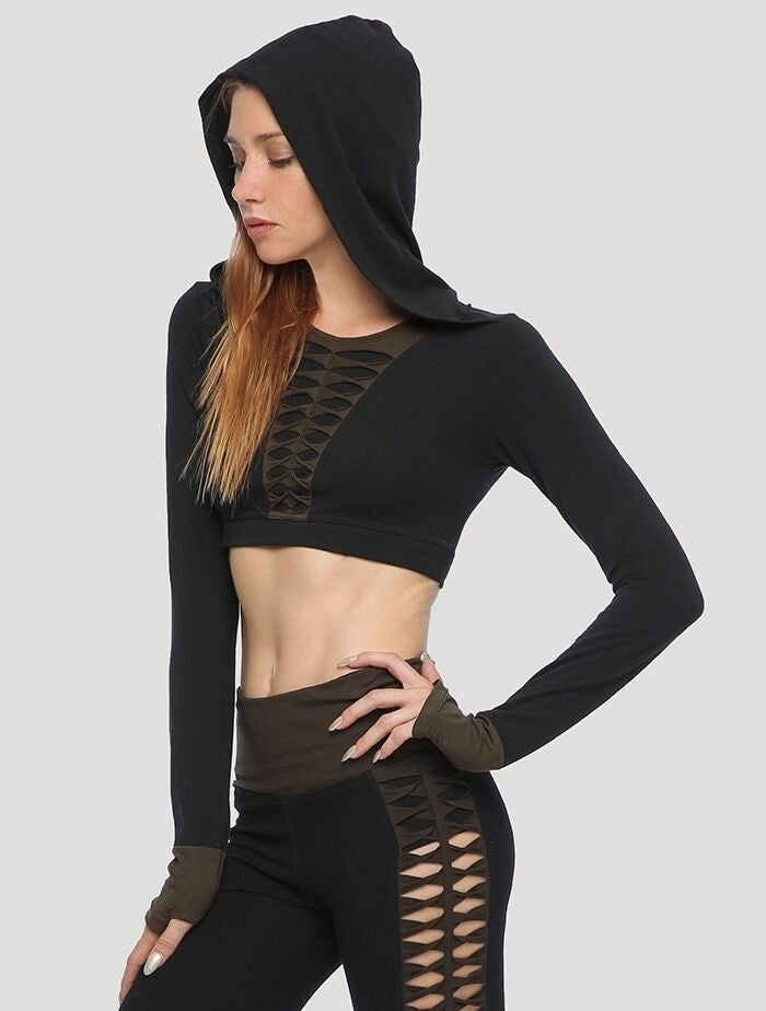 RAFFIA Hoodie Crop Top In Olive-Noir