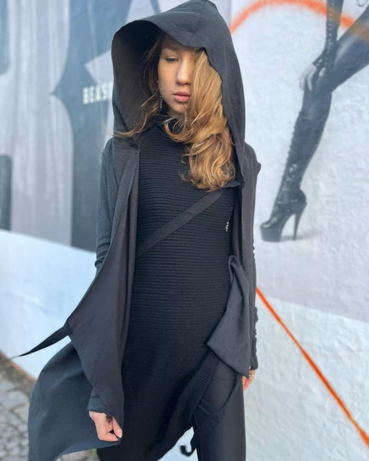 CRIME WO Long Sleeve Hooded Duster Cardigan In Black