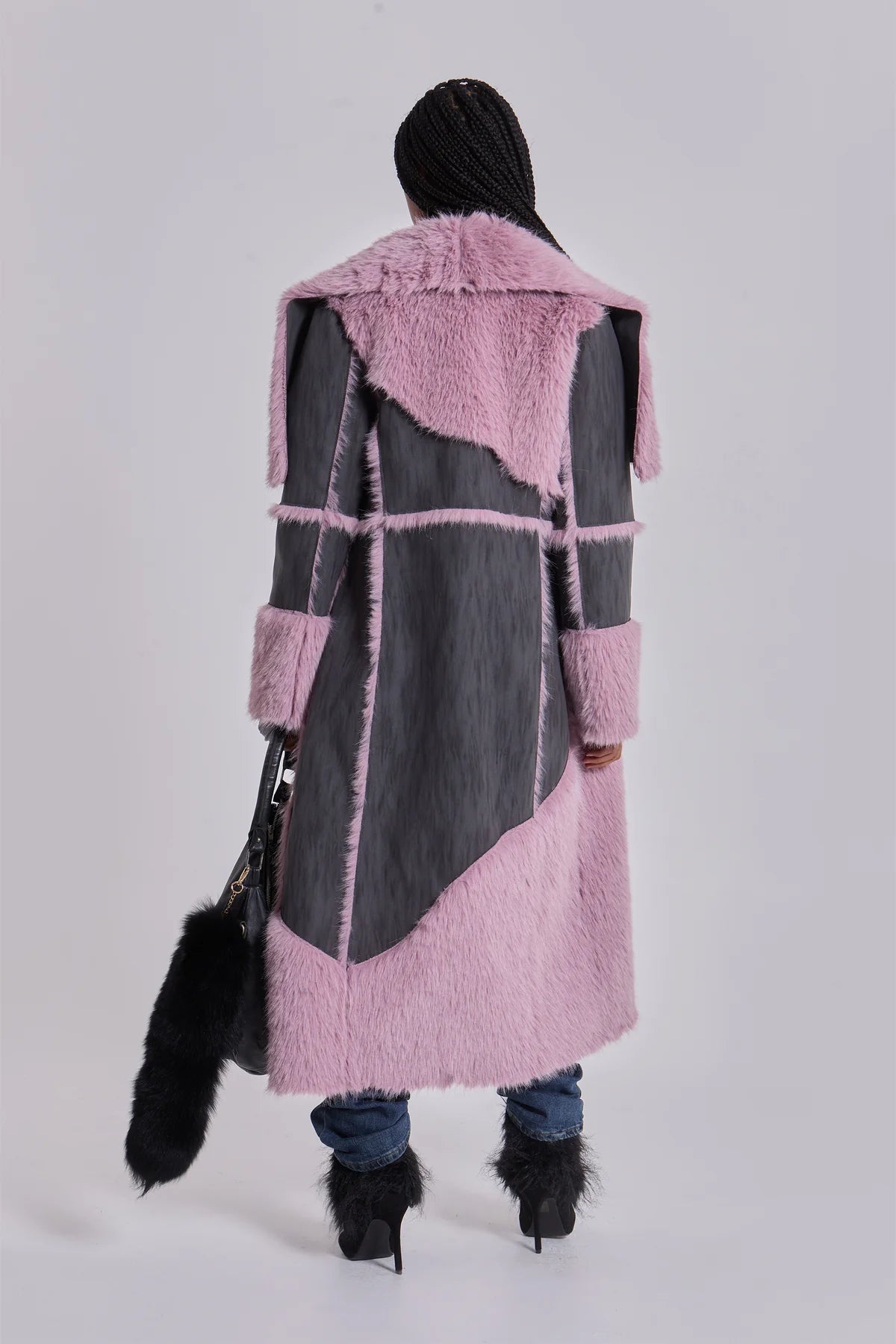 ALISE PATCHWORK Faux Suede & Fur Maxi Coat