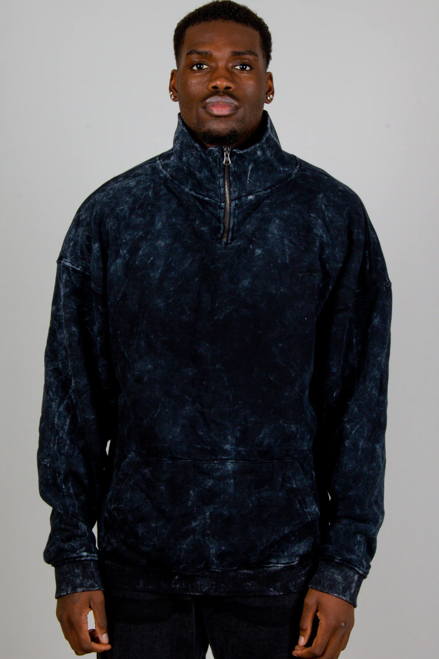 Acid-Wash Black Funnel Neck 3/4 Zip Sweatshirt