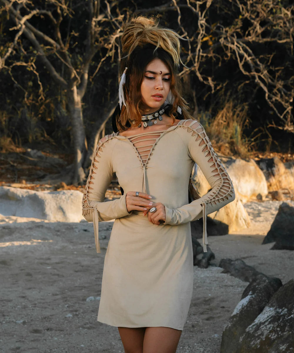 Pixie Light Beige Mini Dress With long Sleeves