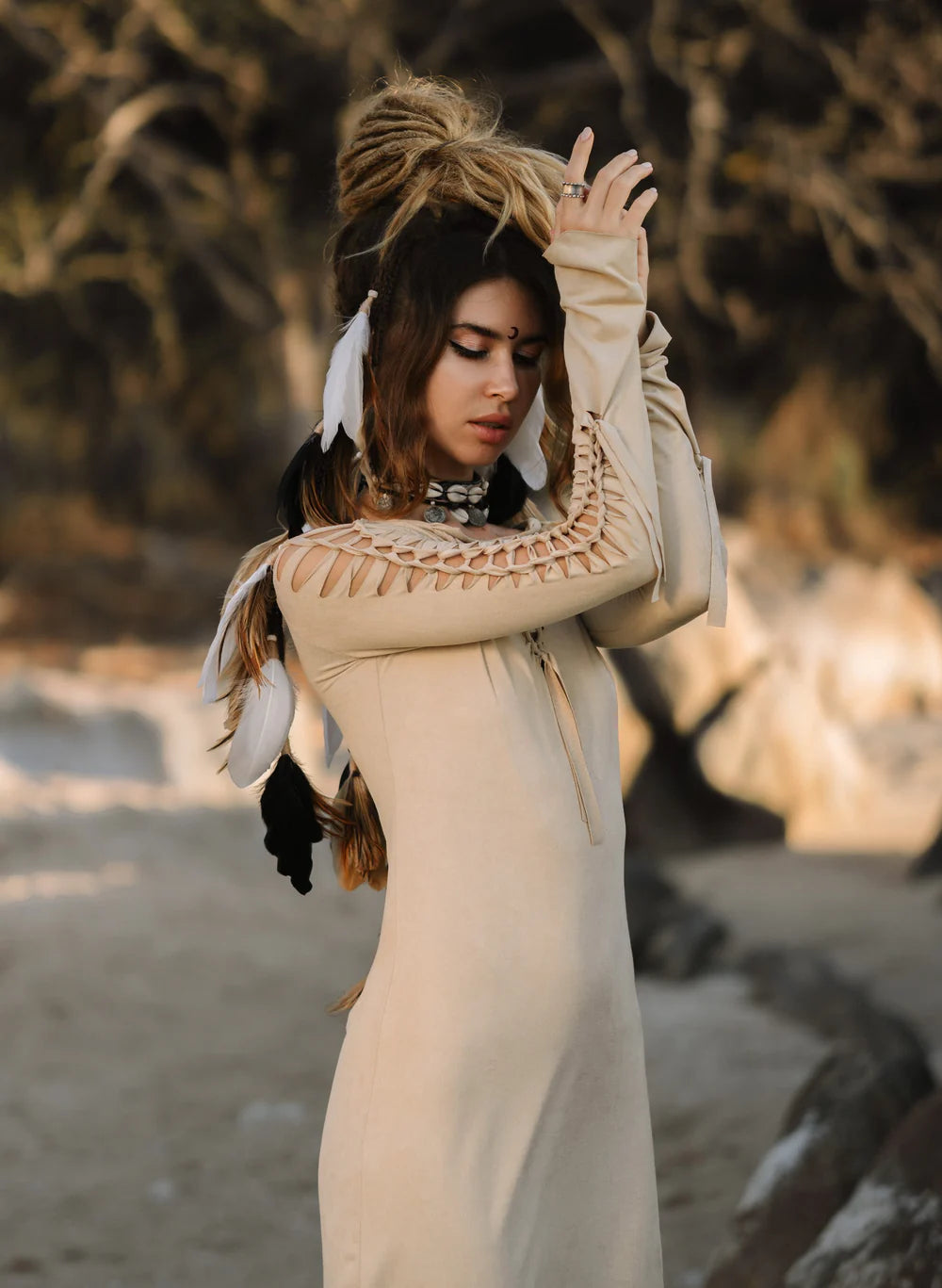 Pixie Light Beige Mini Dress With long Sleeves