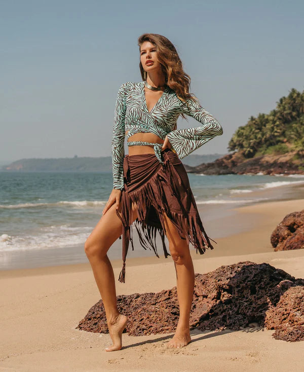 Suede Brown Wrap Swimwear Skirt Decorated with Fringe / Cover up