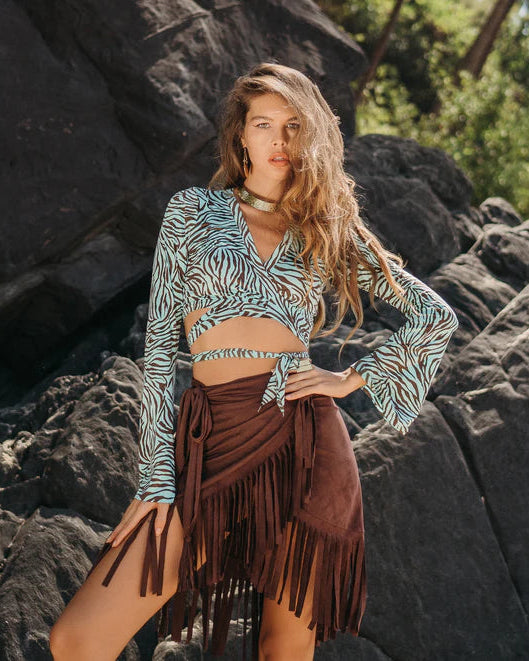Suede Dark Brown Wrap Swimwear Skirt with Fringe