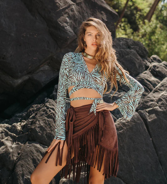 Suede Brown Wrap Swimwear Skirt with Fringe