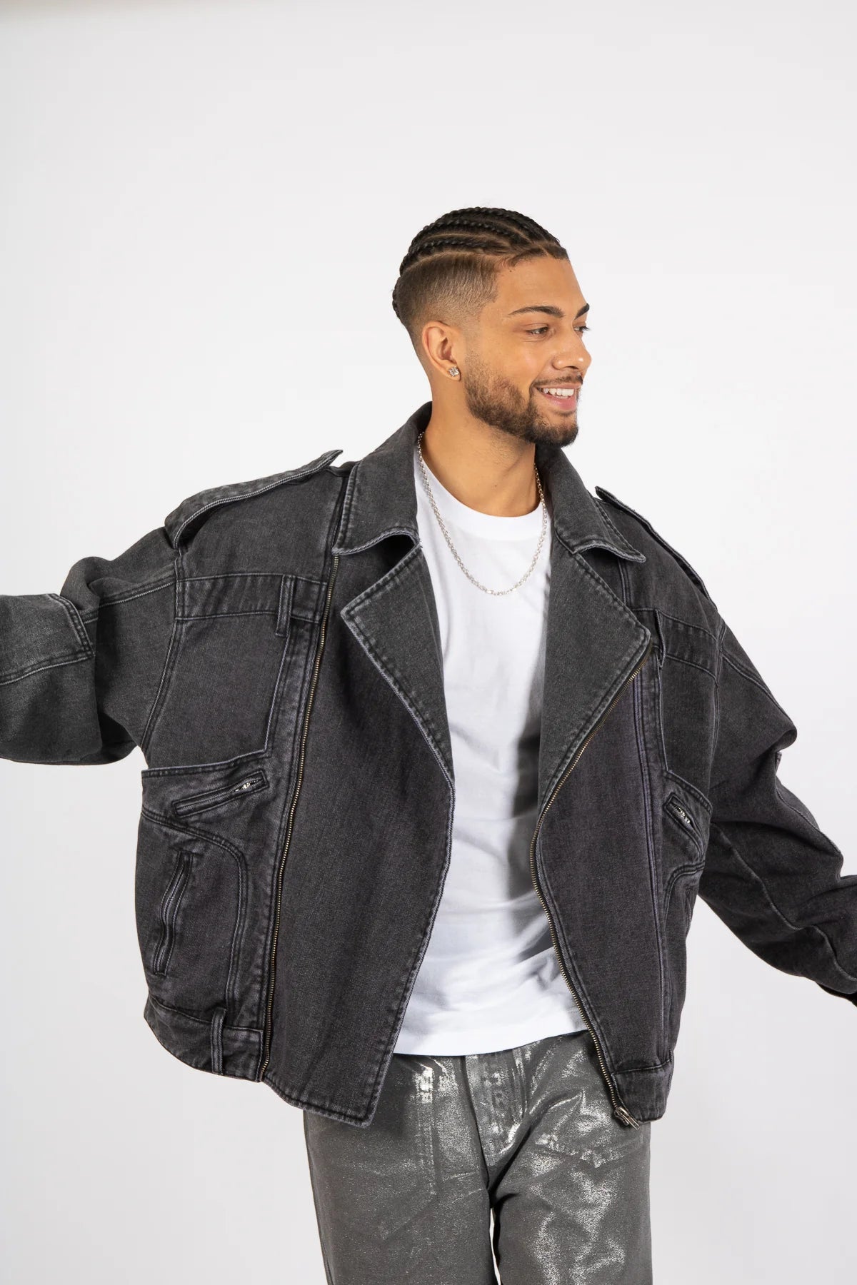 Washed Black Biker Jacket Oversized