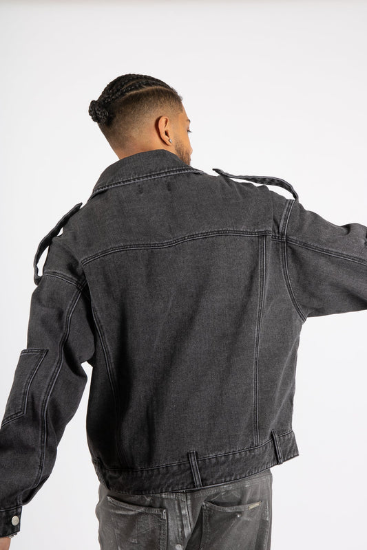 Washed Black Biker Jacket Oversized