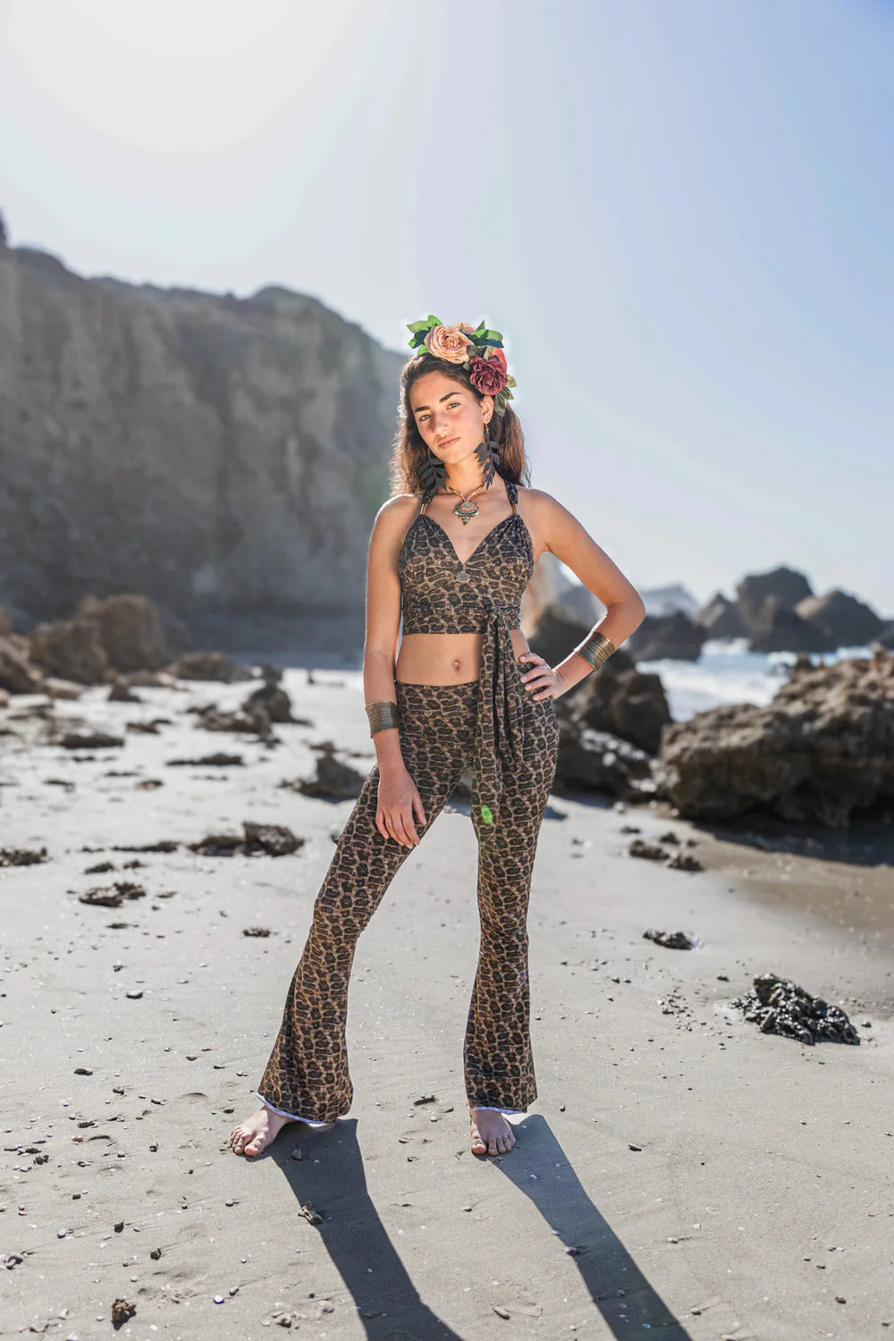Flare Yoga Pants In Brown Leopard Print