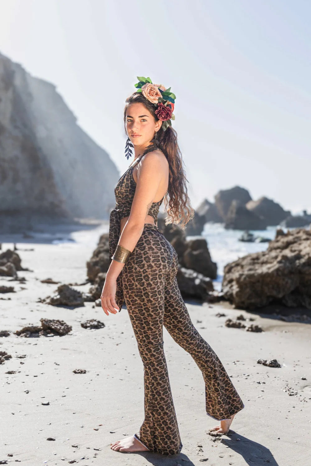 Flare Yoga Pants In Brown Leopard Print