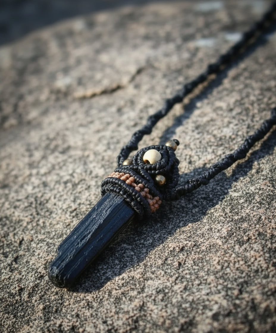 Raw Black Tourmaline Macramé Necklace