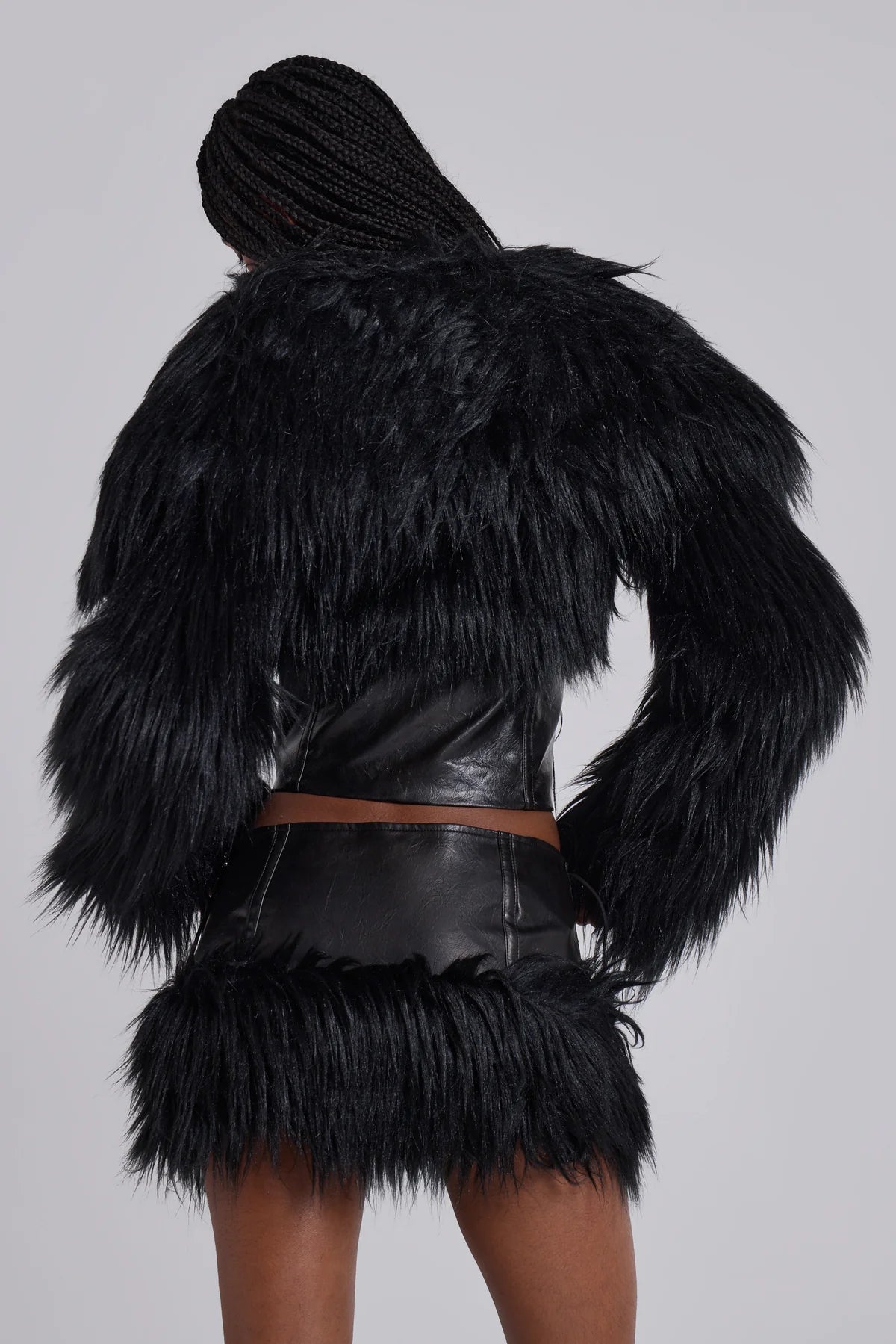 Shadow Luxe Fur-Trim Mini Skirt – Black