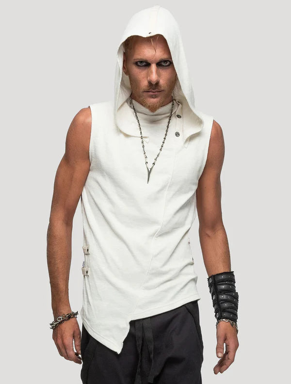 Slashed Sleeveless Hooded Tee In Off-White