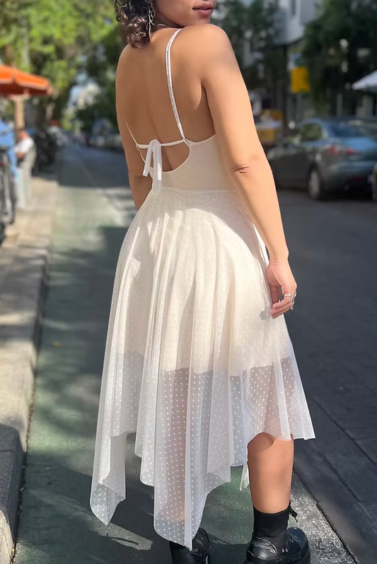 FAIRY Long White Dotted Chiffon Dress