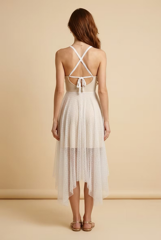 FAIRY Long White Dotted Chiffon Dress