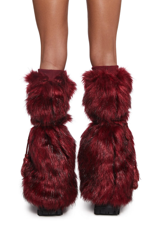 Faux Fur ribbed Leg Warmers - Red