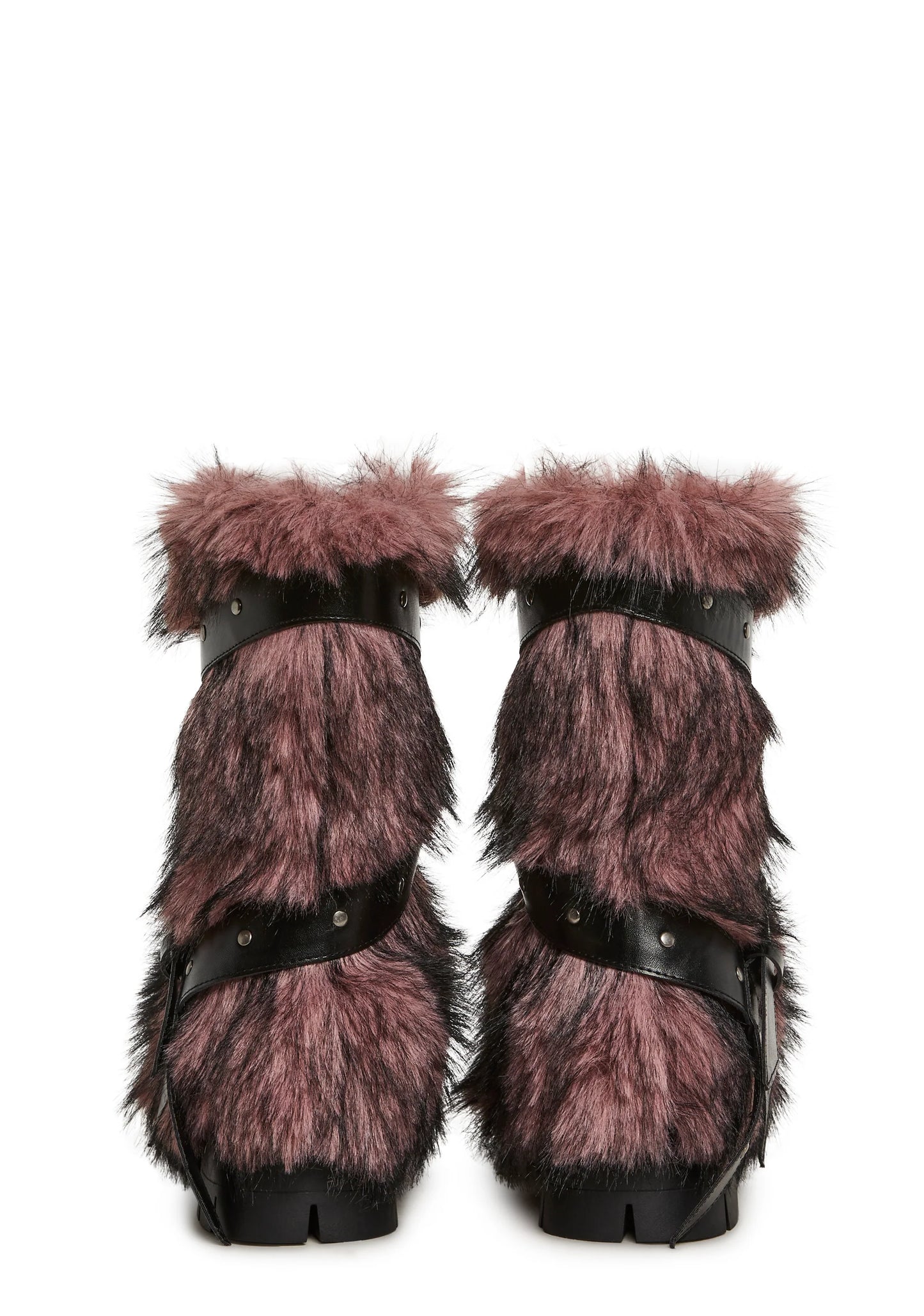 Low Faux Fur Buckle Straps Boots - Dusty Mauve