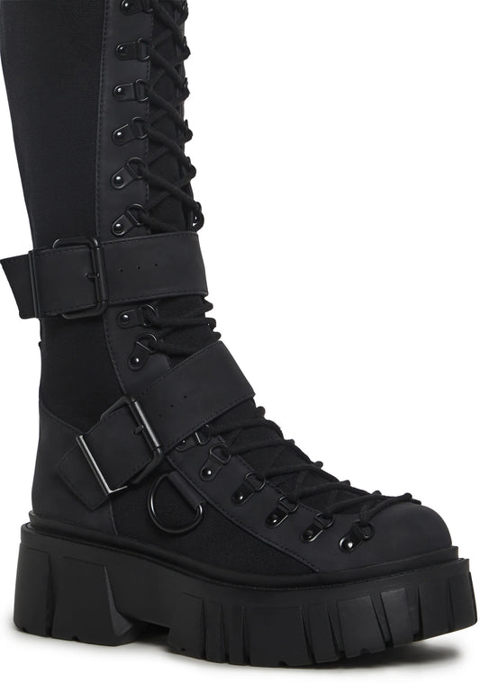 COMBAT KNEE HIGH BOOTS - BLACK