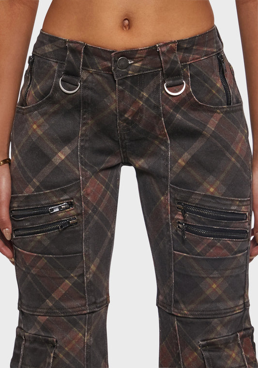 Suspender Cargo Flares Jeans — Dark Plaid