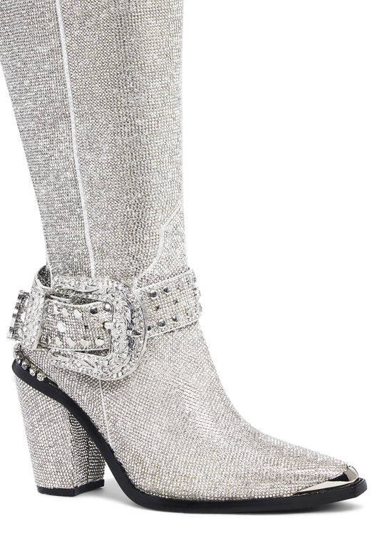 OUTLAW Rhinestone Knee High Cowboy Boots - Silver