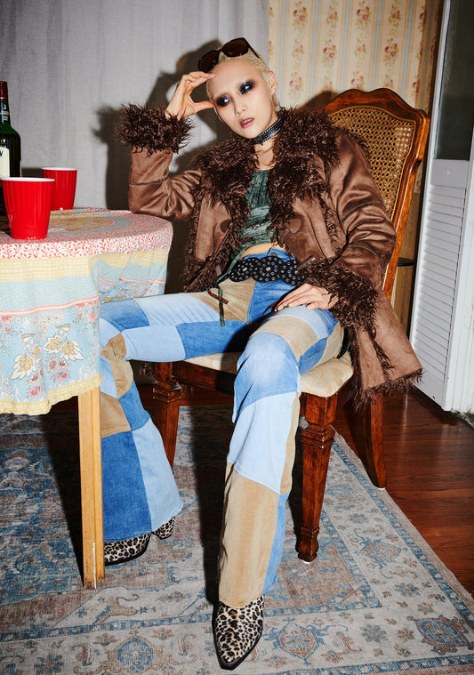 Suede Toggle Fur Coat — Brown