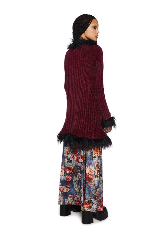 Faux-Fur Longline Cardigan – Burgundy