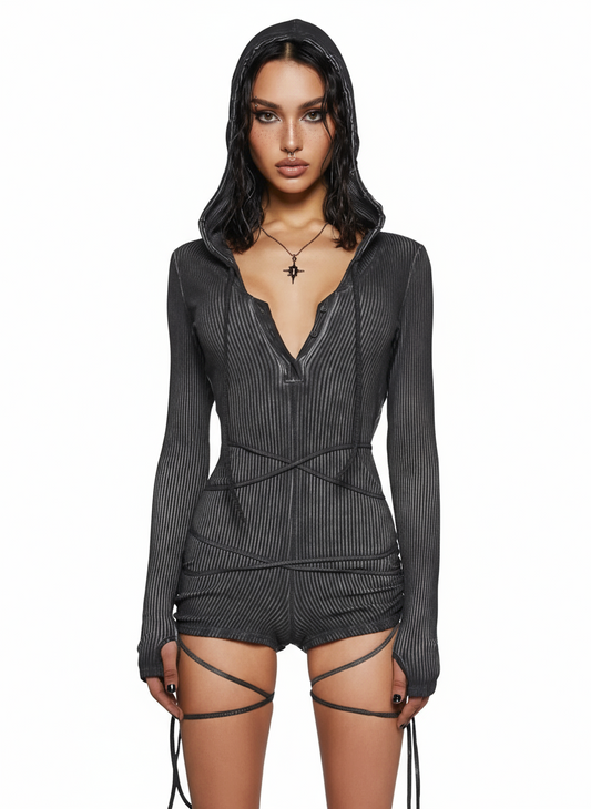 Pulse Wrap Hood Romper — Black