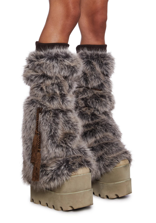 Faux Fur ribbed Leg Warmers - Brown
