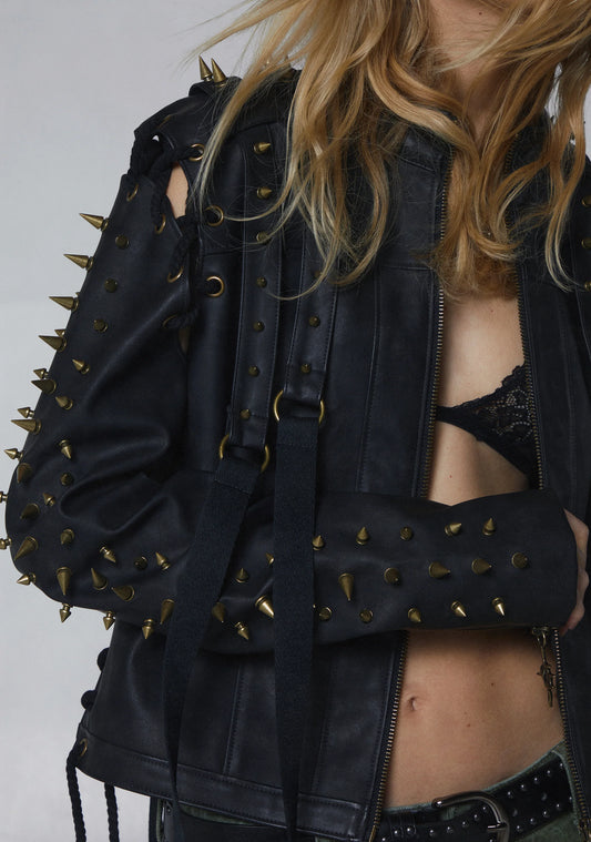 Spike Lace-Up PU Leather Jacket — Black