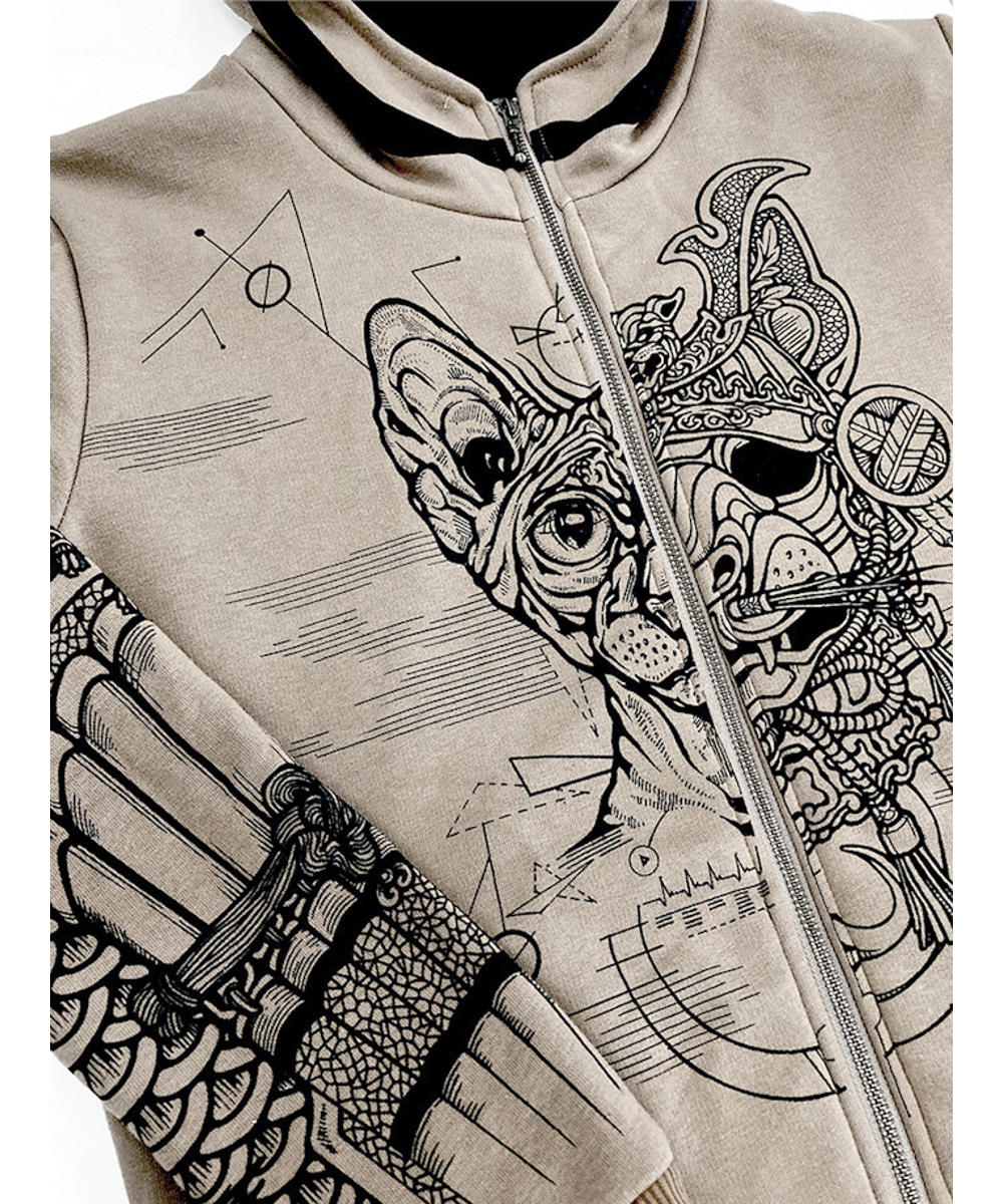 SAMURAI CAT Zip Hood In Stone