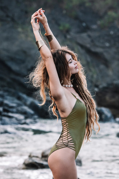 DORIN Suede Look Army Green One Piece Swimsuit