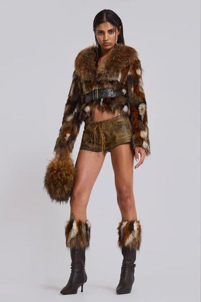 MESCONDA Faux Fur Belted Jacket