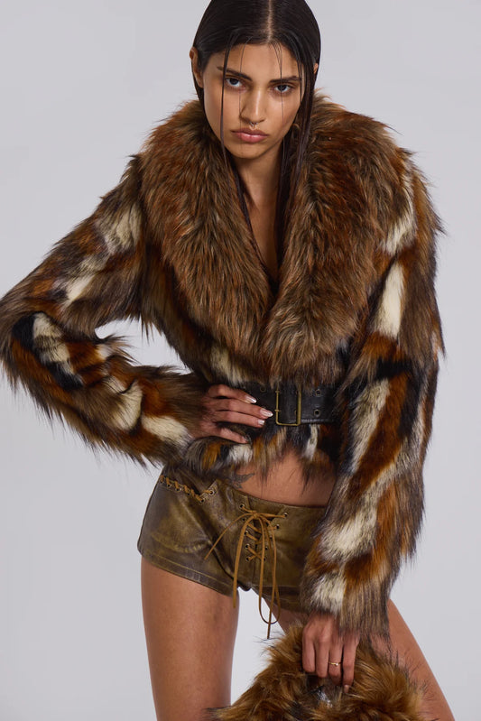 MESCONDA Faux Fur Belted Jacket