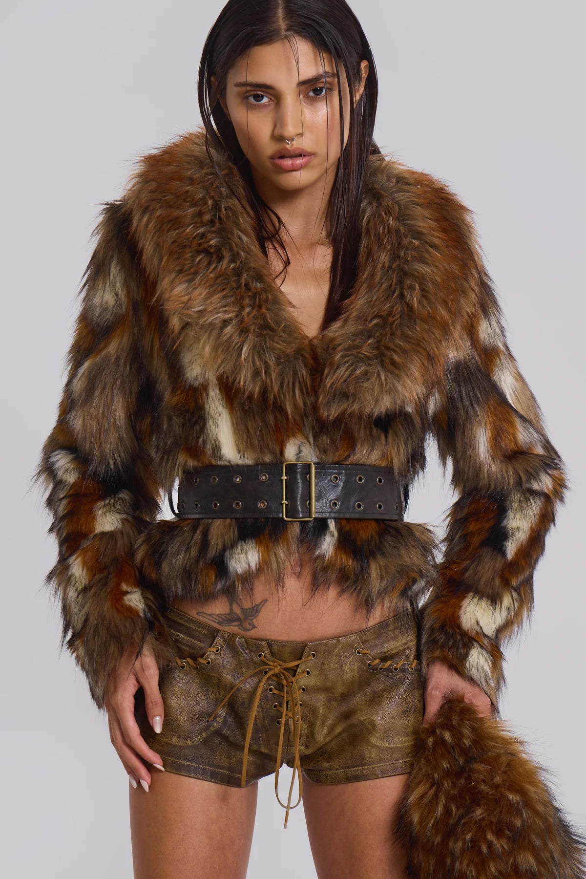 MESCONDA Faux Fur Belted Jacket