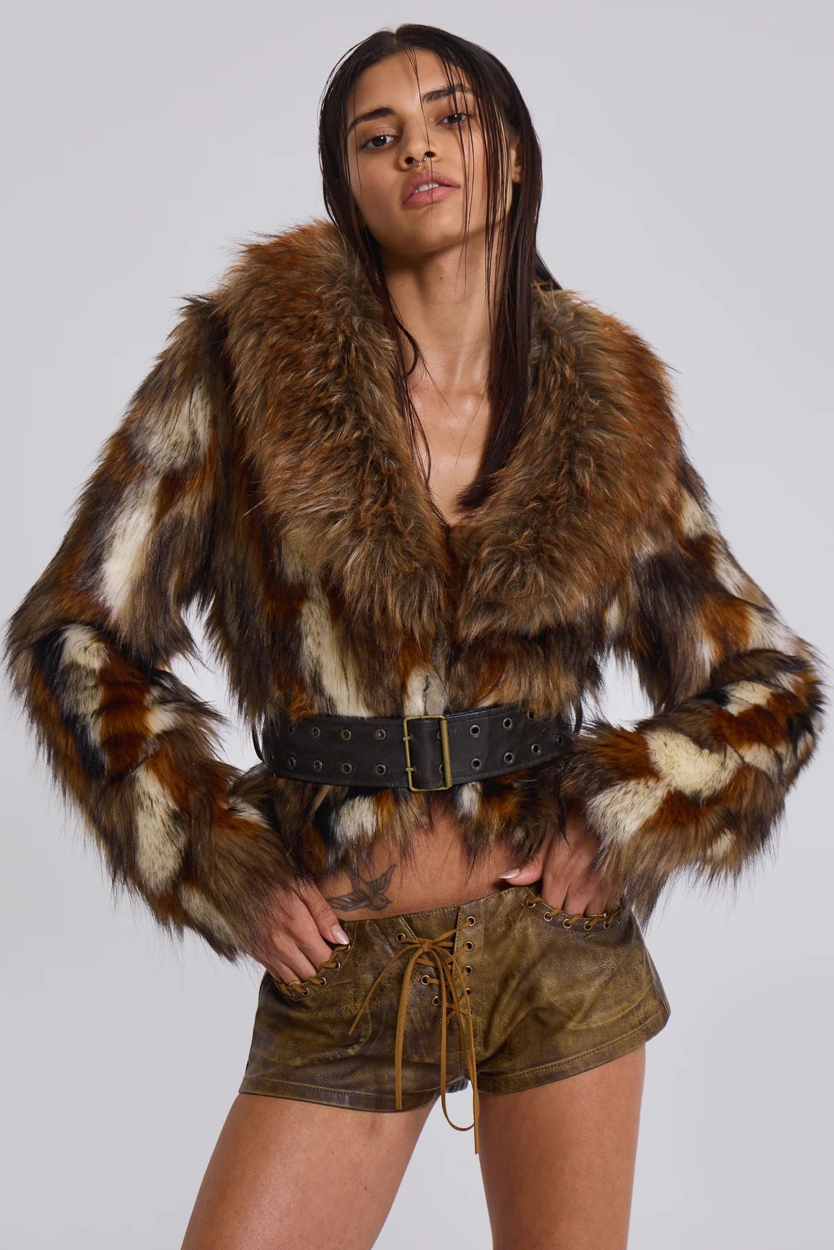 MESCONDA Faux Fur Belted Jacket