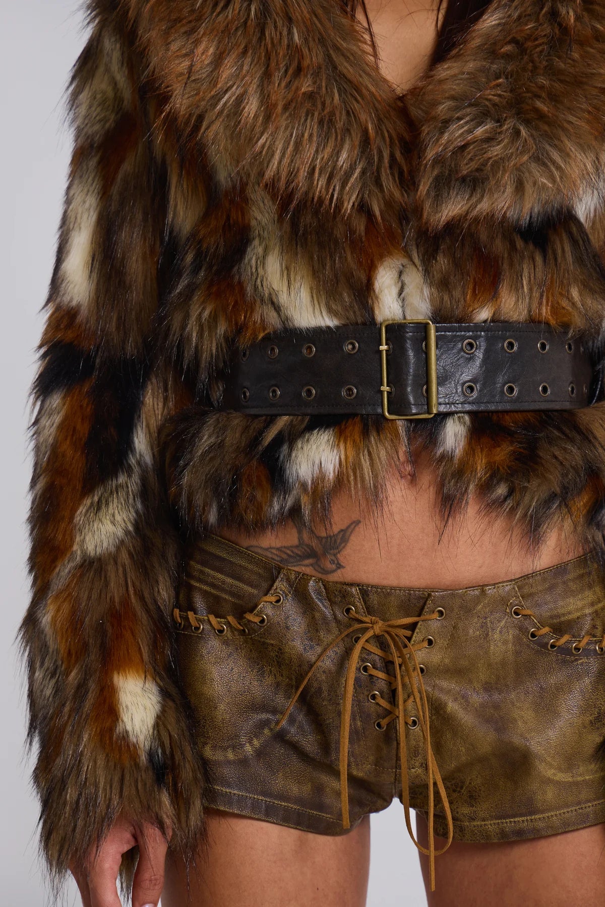 MESCONDA Faux Fur Belted Jacket