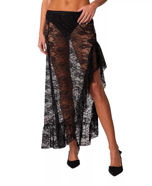 EDIKTED Asymmetric Ruffle Sheer Lace Maxi Skirt